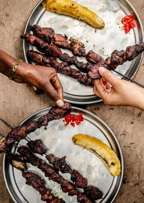 Smoky grilled pork skewers with chilli salt and with grilled matoke