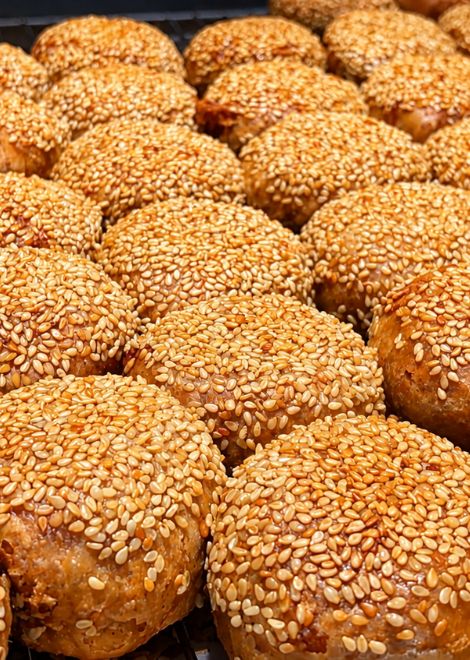Sesame-crusted shaobing, fresh from the oven.