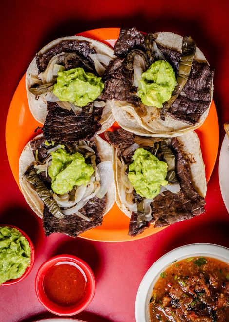 Salted air-fried beef cecina taco with guacamole