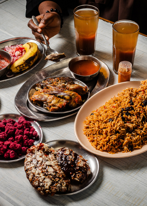 Slow-cooked mutton mandhi with kachumbari salad mutton broth 