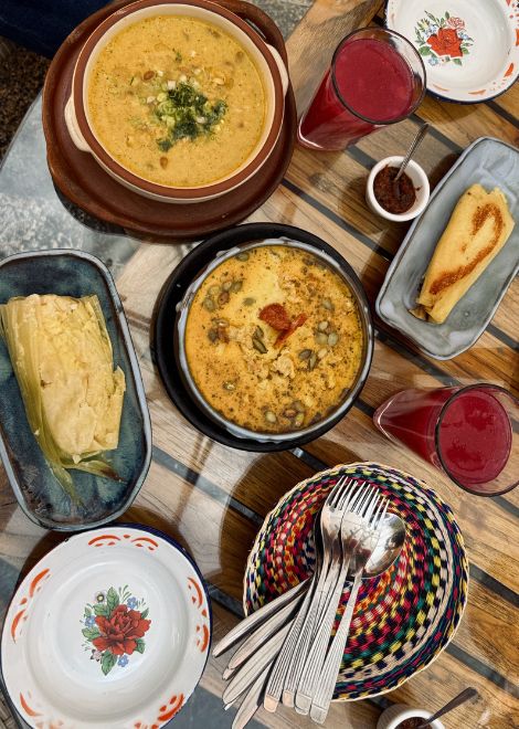 Mote pata pork and corn soup with steamed chumal corn cake