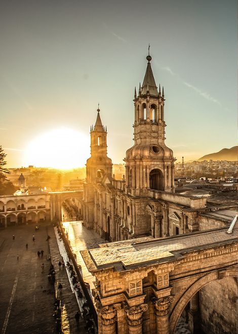 Golden hour over Arequipa's magnificent Plaza de Armas.