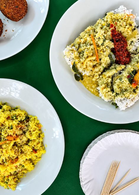 Fluffy steamed pittu and vegetable string hopper kottu with fiery umbalakada sambol.