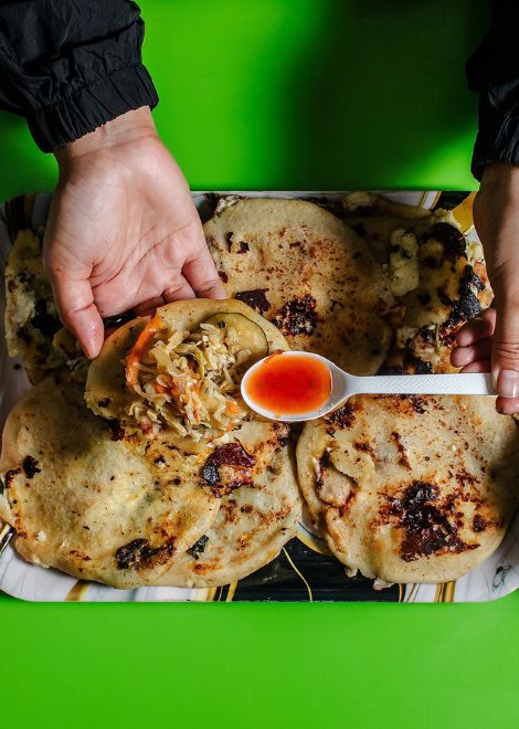 Wild mora greens and melted cheese tucked inside a handmade pupusa.