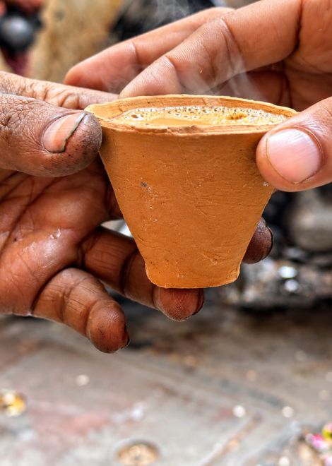 Steaming masala chai in a clay kulhad.