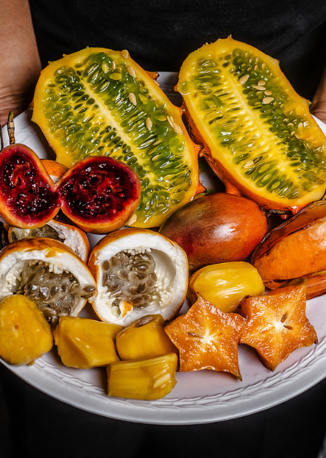 Seasonal exotic fruits like thorn melon and tree tomatoes