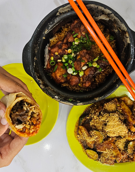 Flavourful meat cooked in a claypot, with tangy rojak salad