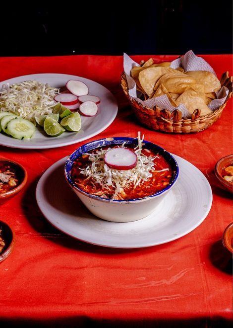 Pozole, traditional hominy corn and pork stew