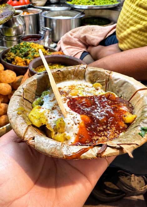 Tangy chaat drizzled with tamarind chutney and cool yogurt.