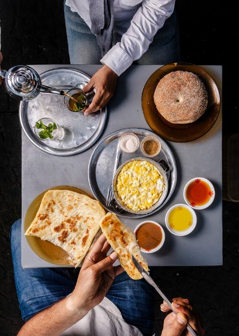 Batbout, Moroccan omelette, nutty amlou, honey and sweet mint tea