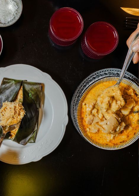 Tamal de zambo with toasted Andean squash seeds and hearty mote pata.