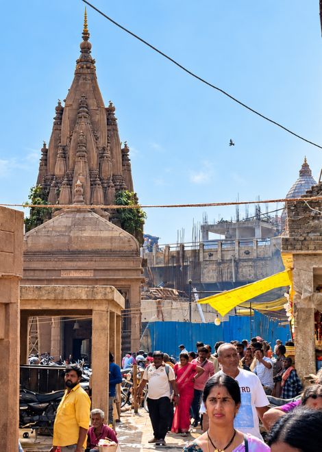 Life, faith and temple spires on the way to the ghats.