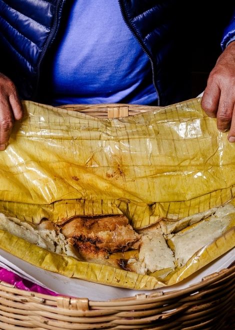 Complex Oaxacan mole in a steamed corn tamale