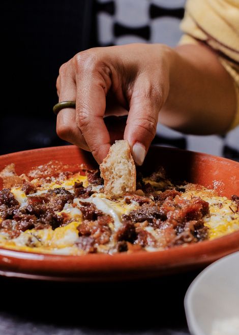 Egg and cured beef khlea tagine, a Fes favourite
