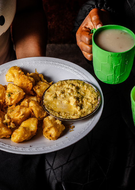 Bhajia za kunde pea fritters with uji wa ngano Kenyan porridge