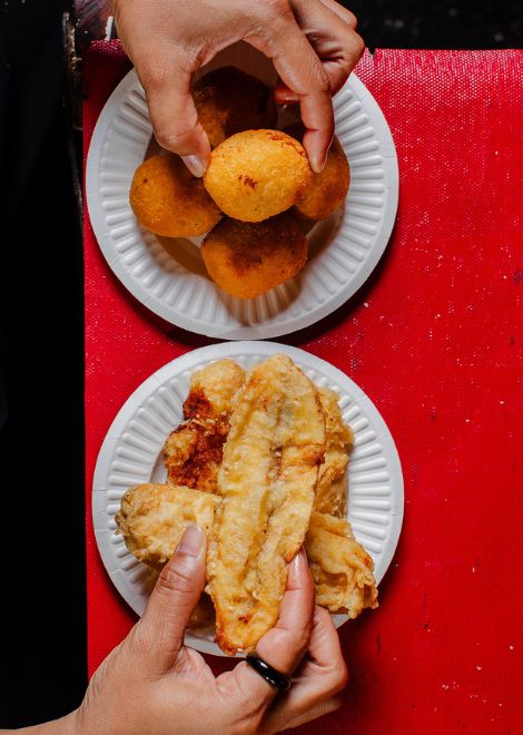 Spicy stuffed cassava combro alongside freshly fried tapioca cireng.