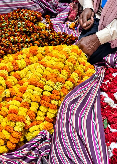 Marigolds piled high at the Phool Bazar flower market.