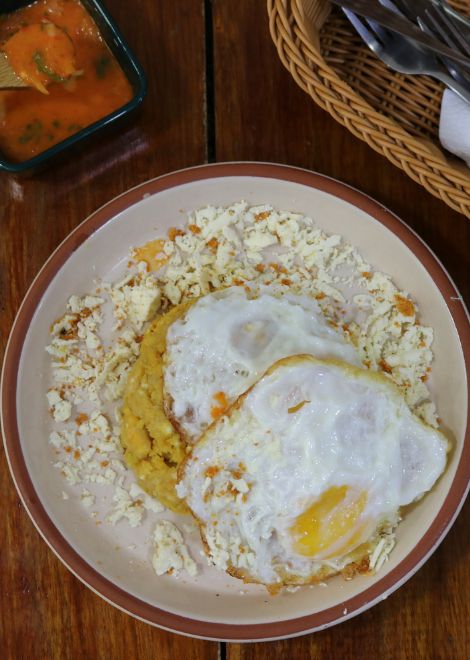Tigrillo, scrambled plantains, eggs and cheese