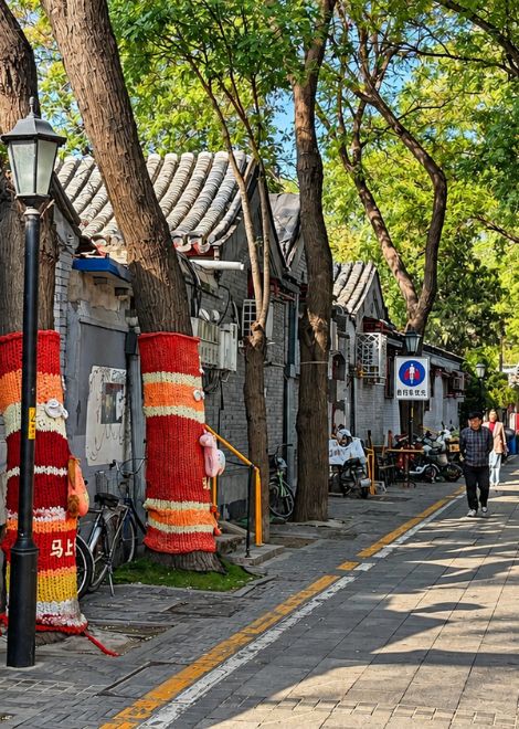 Tree-lined hutongs, wrapped in colourful knitting.