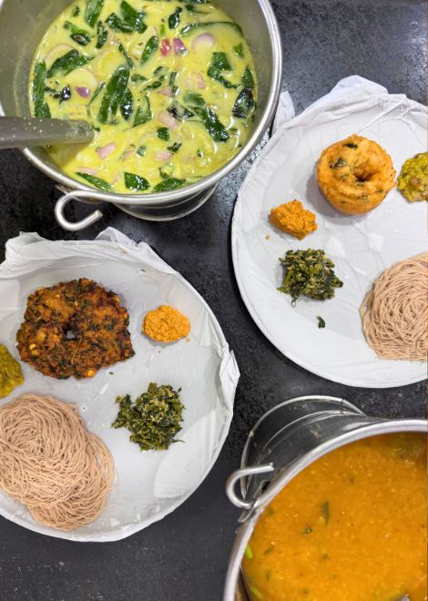 Golden ulundu vadai and spiced potato bonda with punchy red chutney.