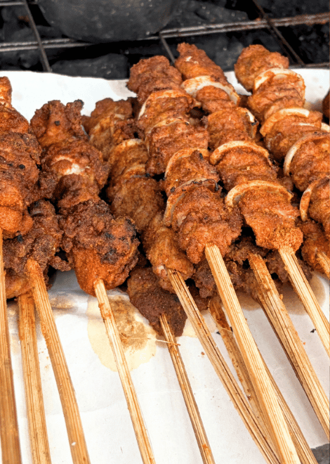 Smoky goat skewers straight from the charcoal grill.