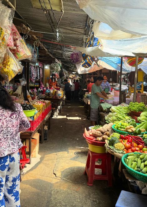 Fresh herbs, tropical fruits and vegetables fill Psar Kandal.