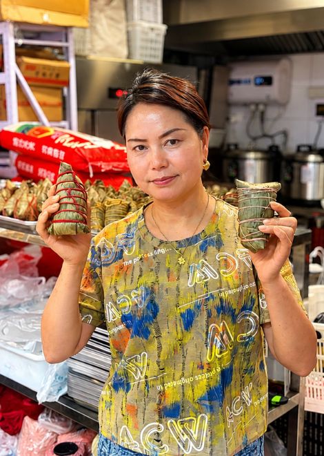 Sticky rice zongzi, wrapped by hand in bamboo leaves.