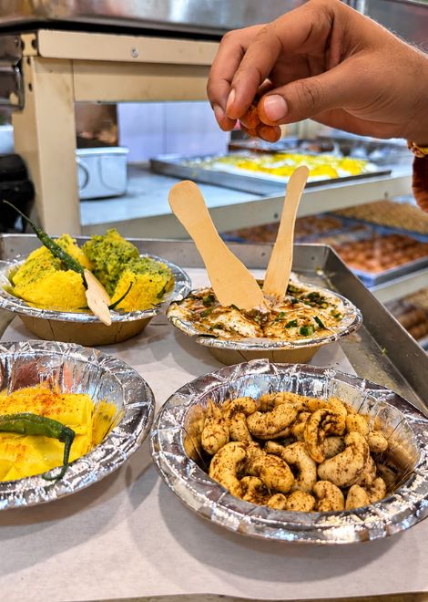 Silky khandvi, spicy masala kaju and cool chena dahi bhalla.