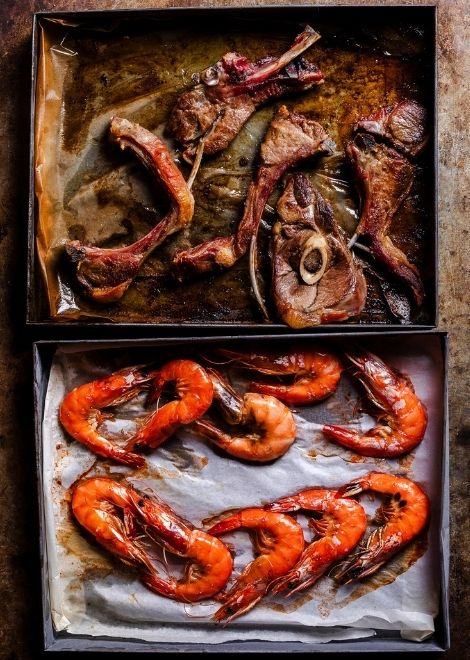 Tray roasted ingredients cooked in the communal oven