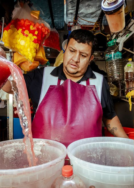 House-made chicha de guiñapo, Arequipa's traditional purple corn drink.