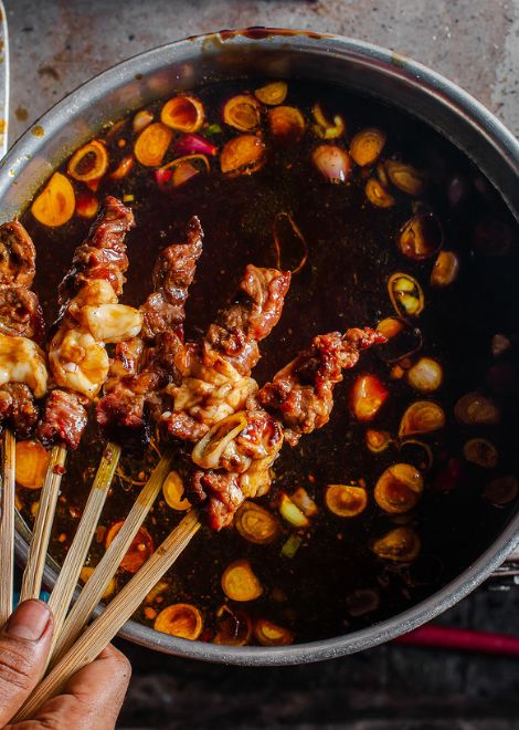 Tender goat satay, smoky and beautifully charred.