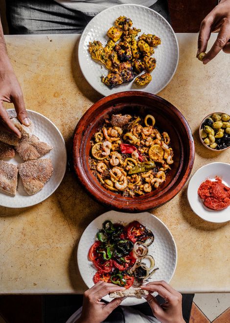 Seafood tagine and olive-oil grilled bell peppers