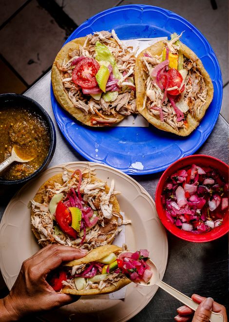 Crispy panuchos topped with tender turkey with avocado