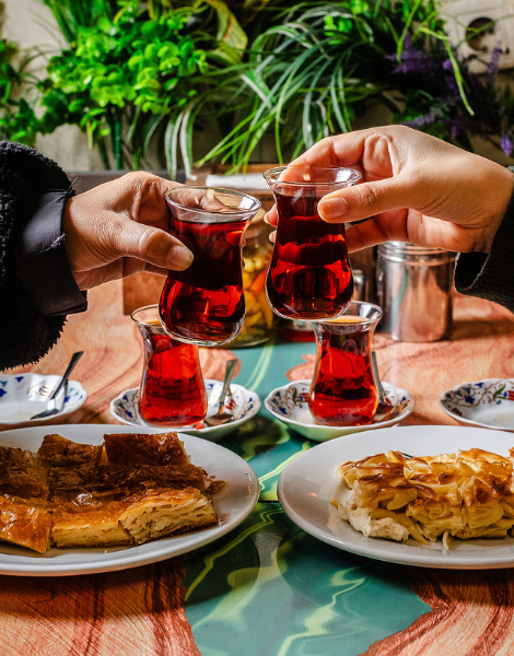 Flaky Kurdish borek and steaming hot Turkish tea