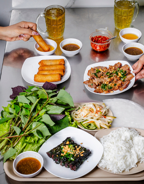 Feast on specialities like grilled beef wrapped in lolot leaves