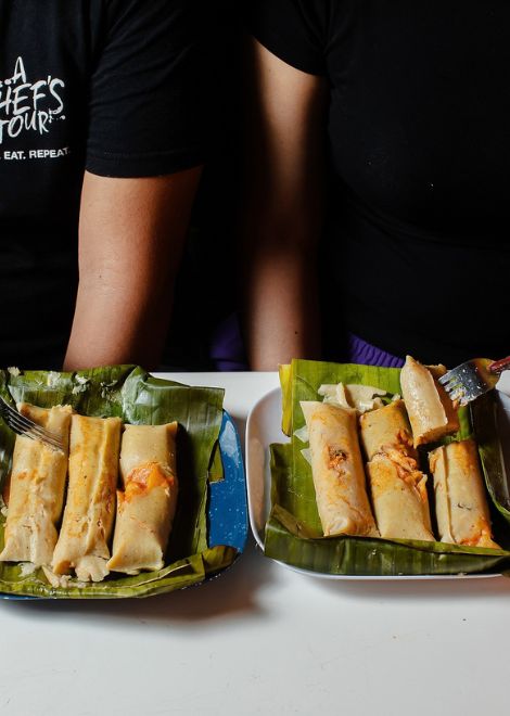 Steaming tamal de costilla de cerdo packed with tender pork rib.