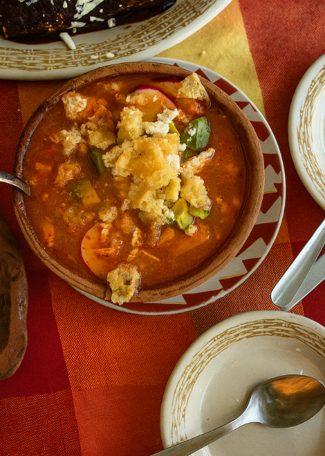 Rich pozole with hominy corn