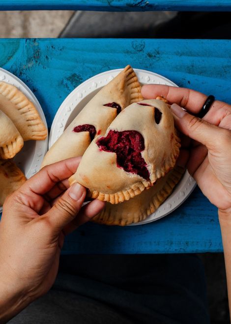 Sweet, baked plantain empanada.