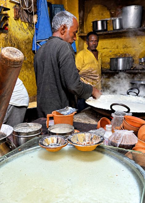 Milk simmered for hours in giant kadais for lachha rabdi.
