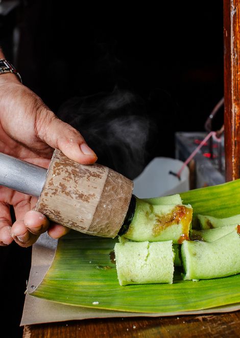 Soft, fragrant pandan rice cakes, hot from the steamer.