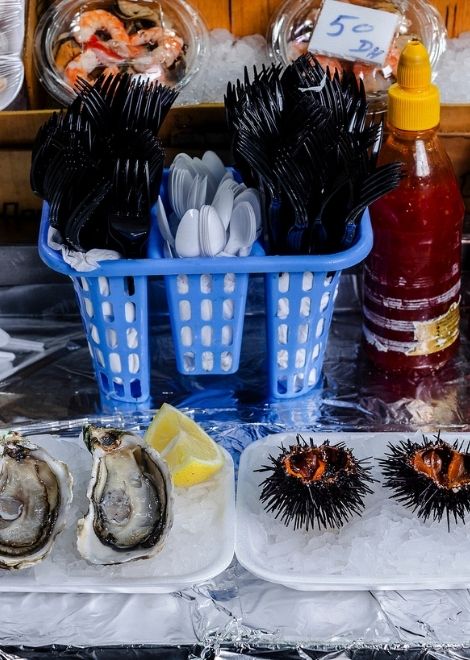Freshly-shucked Atlantic sea urchins and oysters