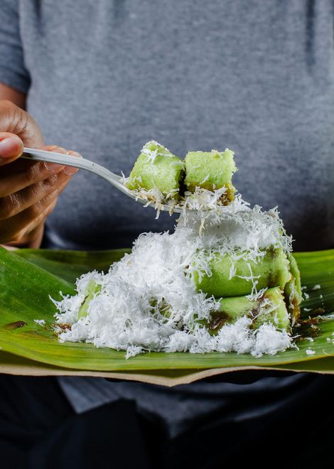Fragrant pandan kue putu with shaved coconut. 