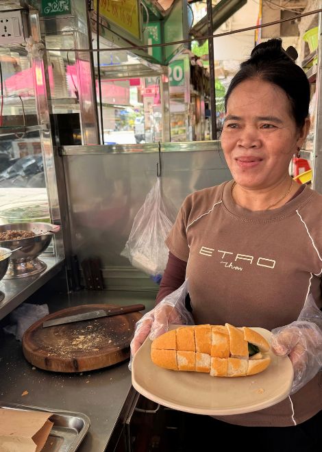 Crisp nompang pâté, Cambodia's beloved baguette sandwich.