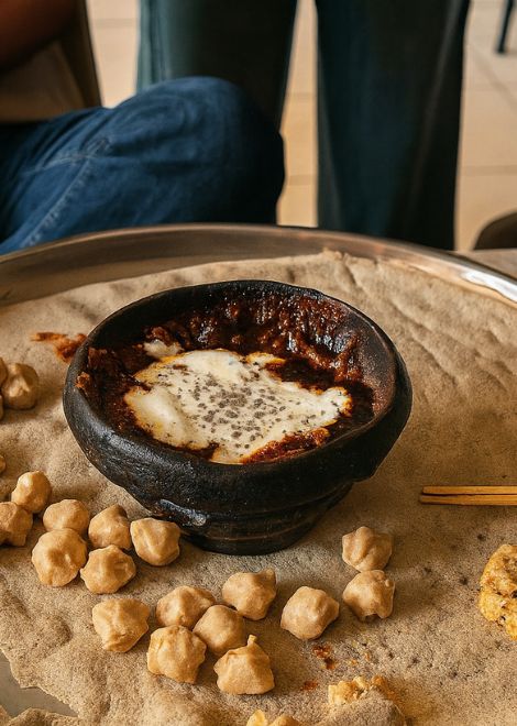 Tihilo, roasted barley flour dough dipped into rich Ethiopian lamb stew