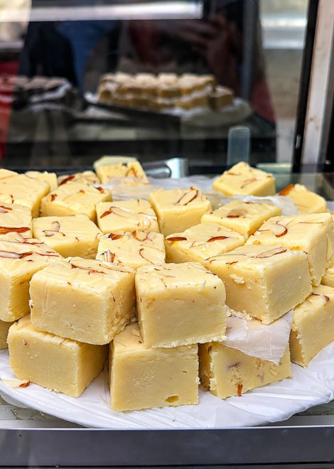 Sweet, melt-in-the-mouth badam barfi, rich with almonds and milk.