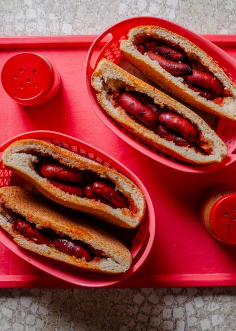 Paprika-spiked merquez sausage in Moroccan khobz bread