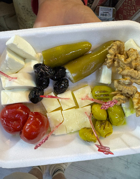 Local artisanal cheese, fresh olives and Turkish pickles