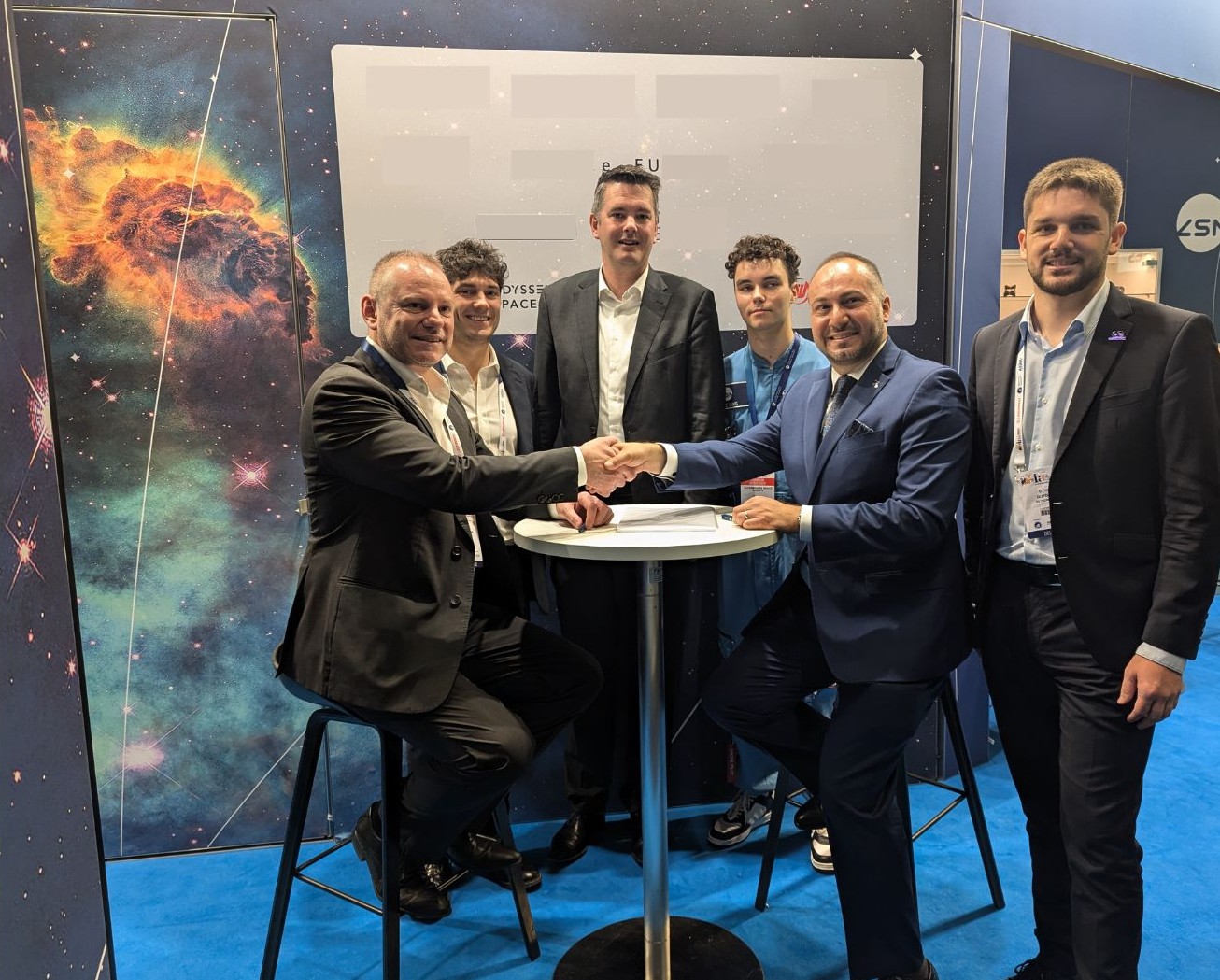 Luca Rossettini/ D-Orbit CEO (left), Lex Delles/ Luxembourg Minister of Economy (third from left), Omar Qaise/ Founder & CEO OQ Technology (second from right)