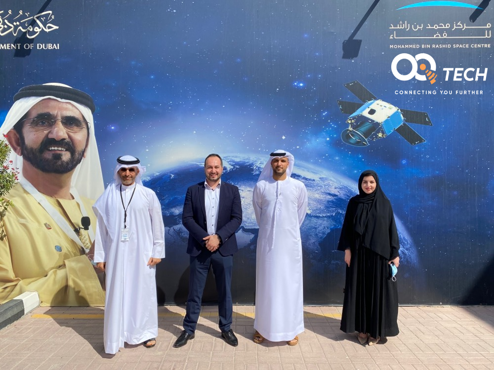 OQ stroke partnership with Mohammed Bin Rashid Space Centre in Dubai back in 2020, from left to right: Mohammed Al Muhairi (OQ co-founding investor & UAE manager, Omar Qaise (OQ Founder & CEO), Amer Al Sayegh (MBRSC Sr. Director Space Dept.), Maitha Ahmed (MBRSC Sr. Eng & PM)