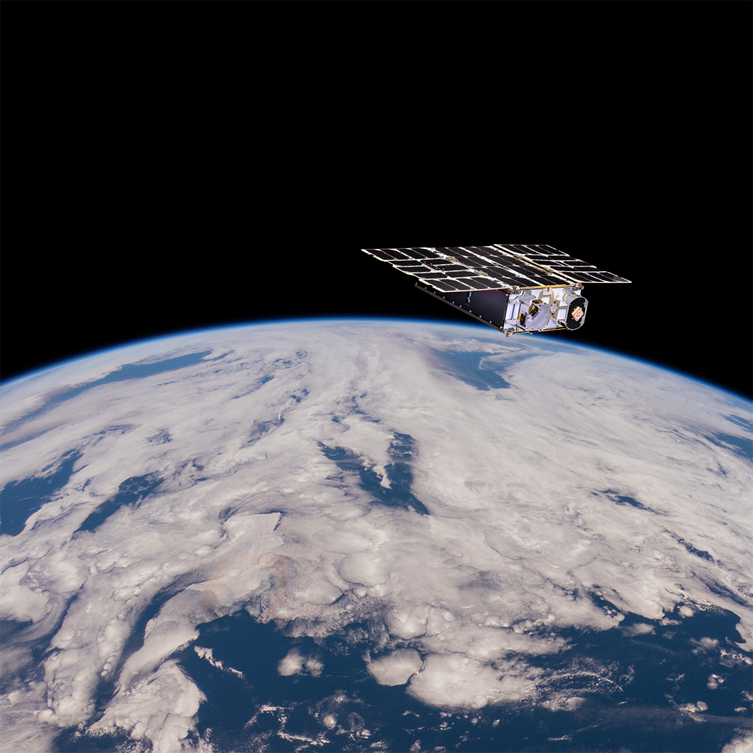 MACSAT satellite in space with fully deployed solar panels and antennas